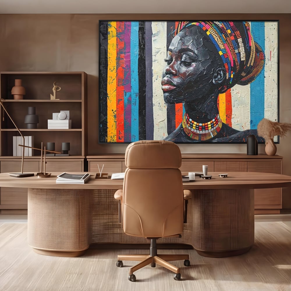 Tablou canvas cu tablou canvas cu profil de femeie, in rama de aluminiu negru, pe perete intr-un birou